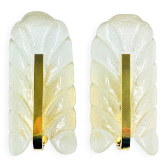 Pair of Scandinavian Glass & Brass Leaf Wall Lights by Carl Fagerlund for Orrefors, Sweden, 1960s