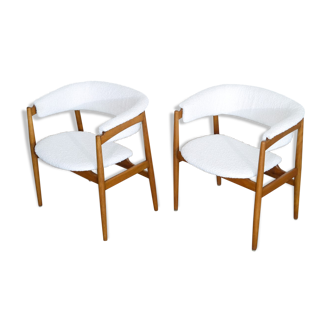 Pair of Danish armchairs in wood and white fabric buckle 1960