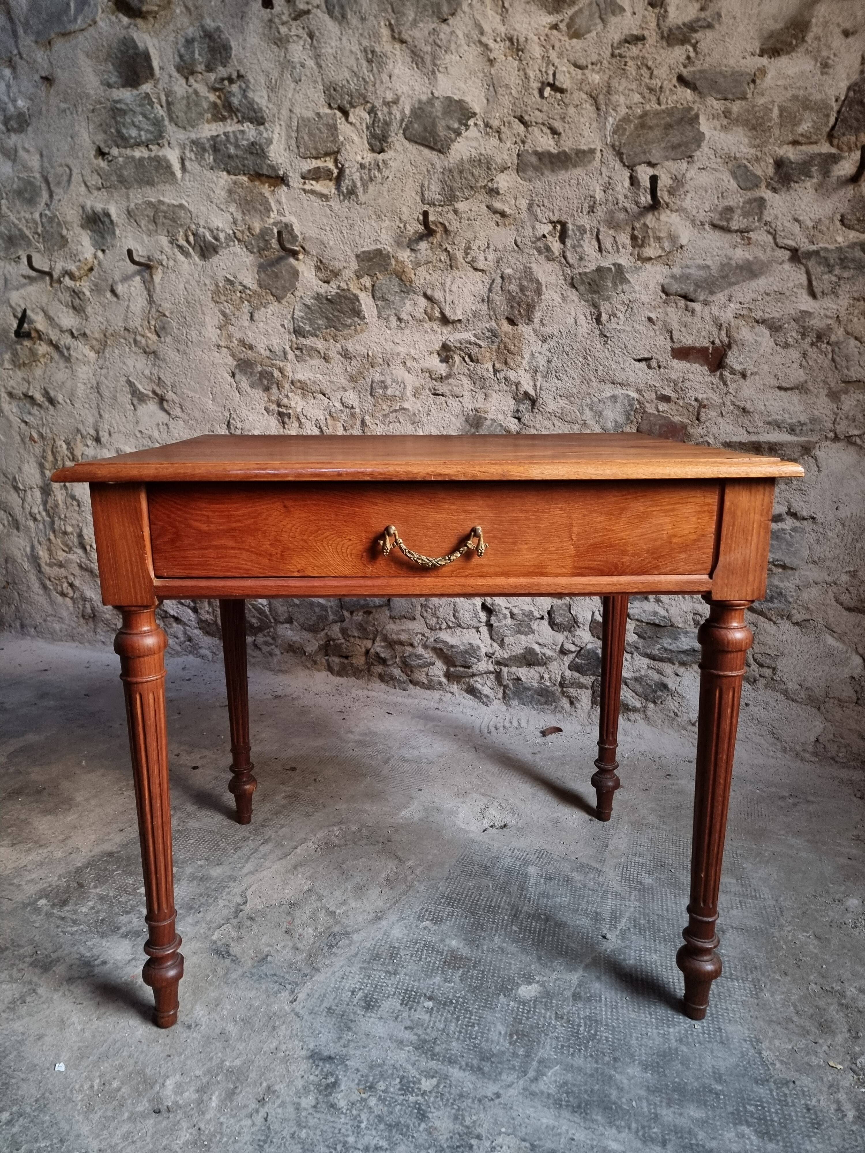 Antique oak writing table with drawer, French side table, console, solid oak desk, circa 1930–1950.