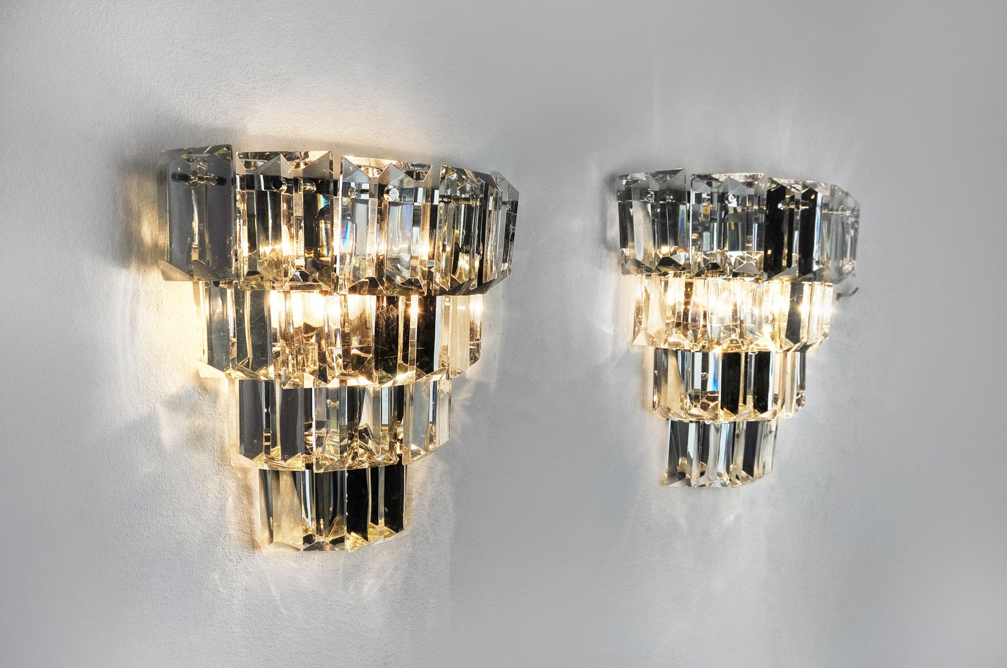 Pair of kinkeldey wall lamps, 4 levels, cut crystals germany, 1970