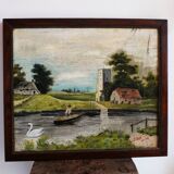 Antique landscape painting / framed oil painting of countryside landscape.