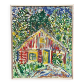 Huile sur toile originale suédoise – « Cabane rouge » par Uno F. Svensson – Vintage et encadrée – 68 × 57 cm (26,8" × 22,4")