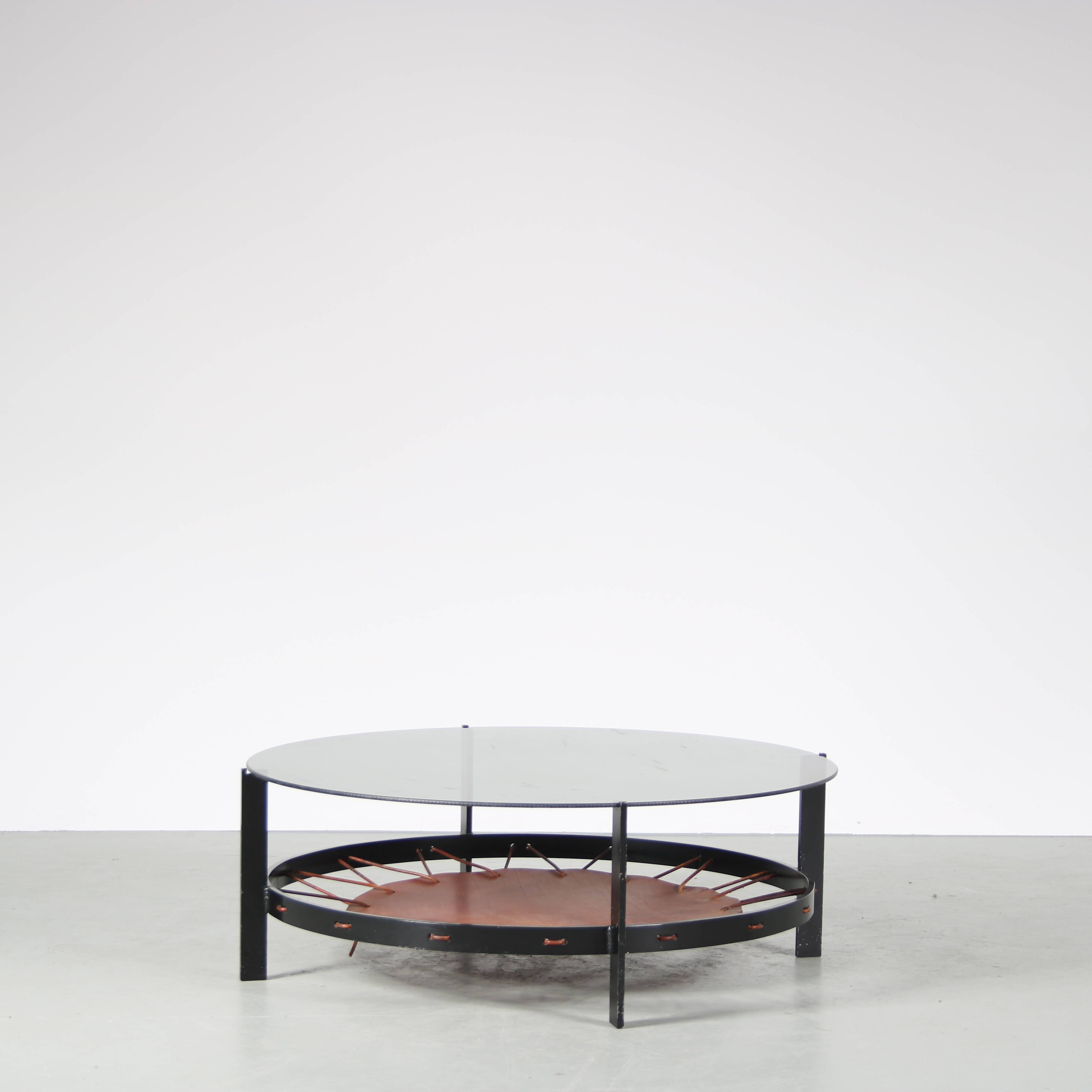 1950s dutch design coffee table with leather magazine rack