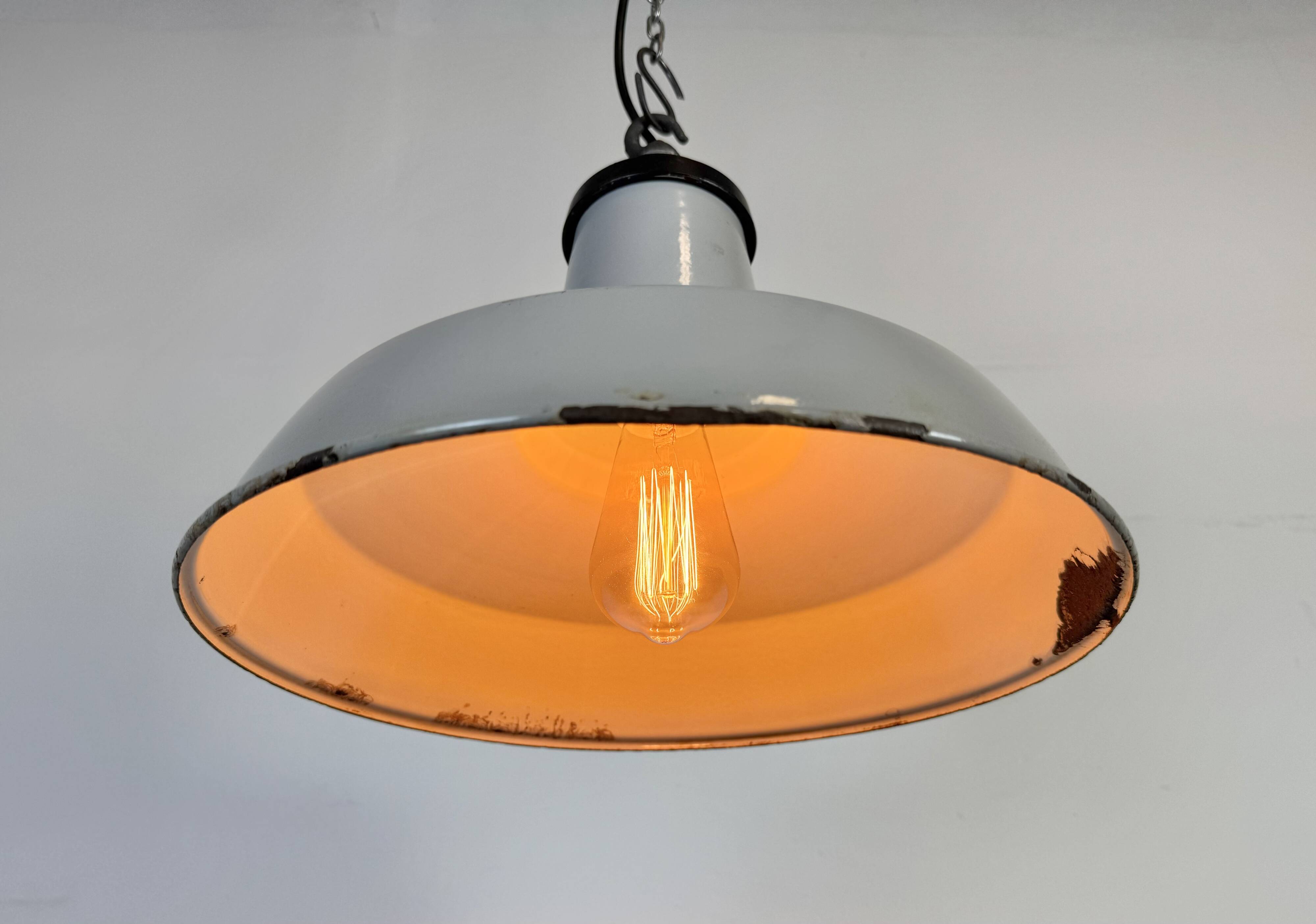 Industrial Grey Enamel Factory Pendant Lamp, 1960s