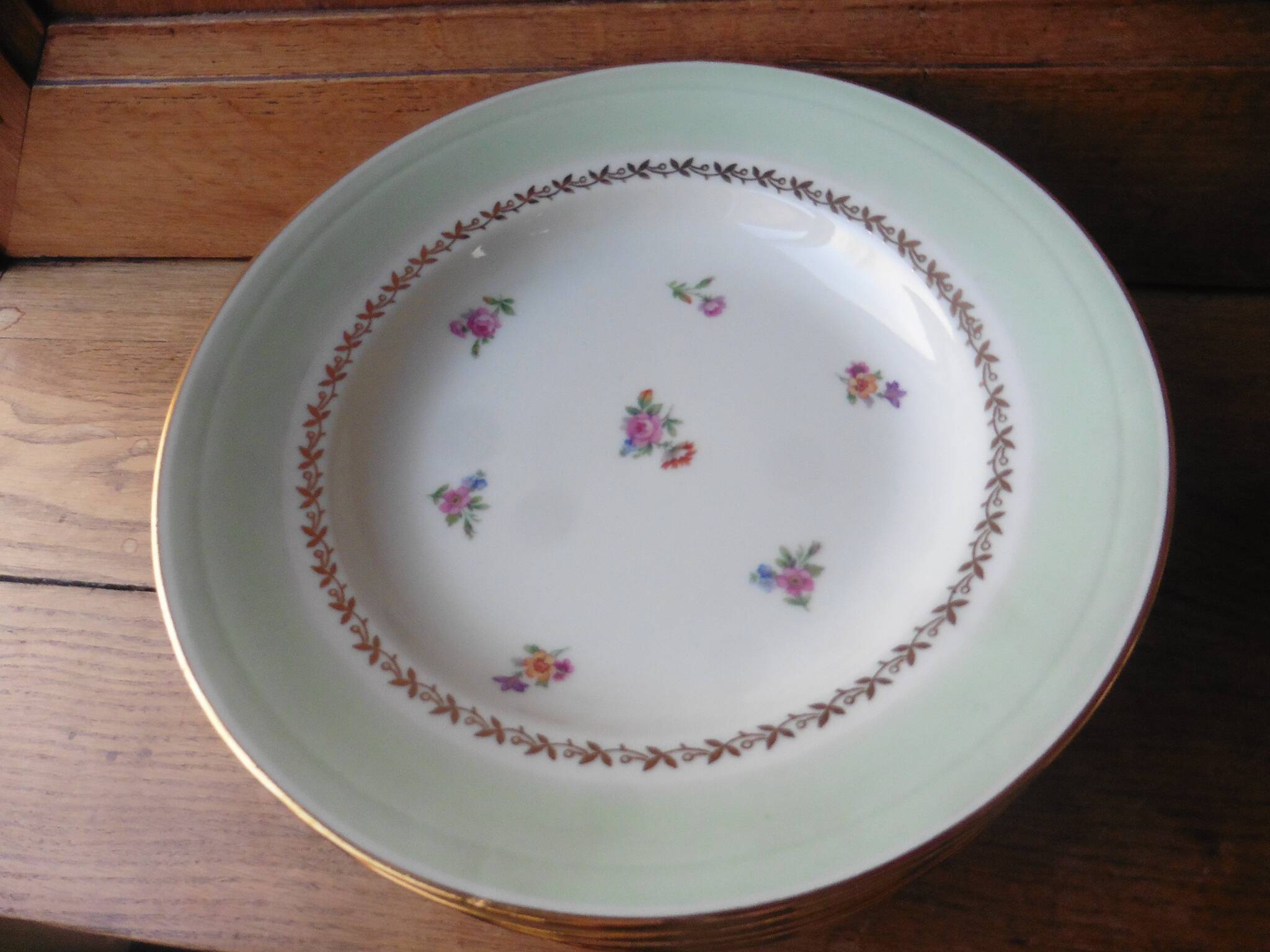 6 flat plates in PL Limoges porcelain 24 cm flower decoration with gold edging