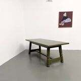 Glossy olive green lacquered dining table — DLG Georges Robert, Circa 1970