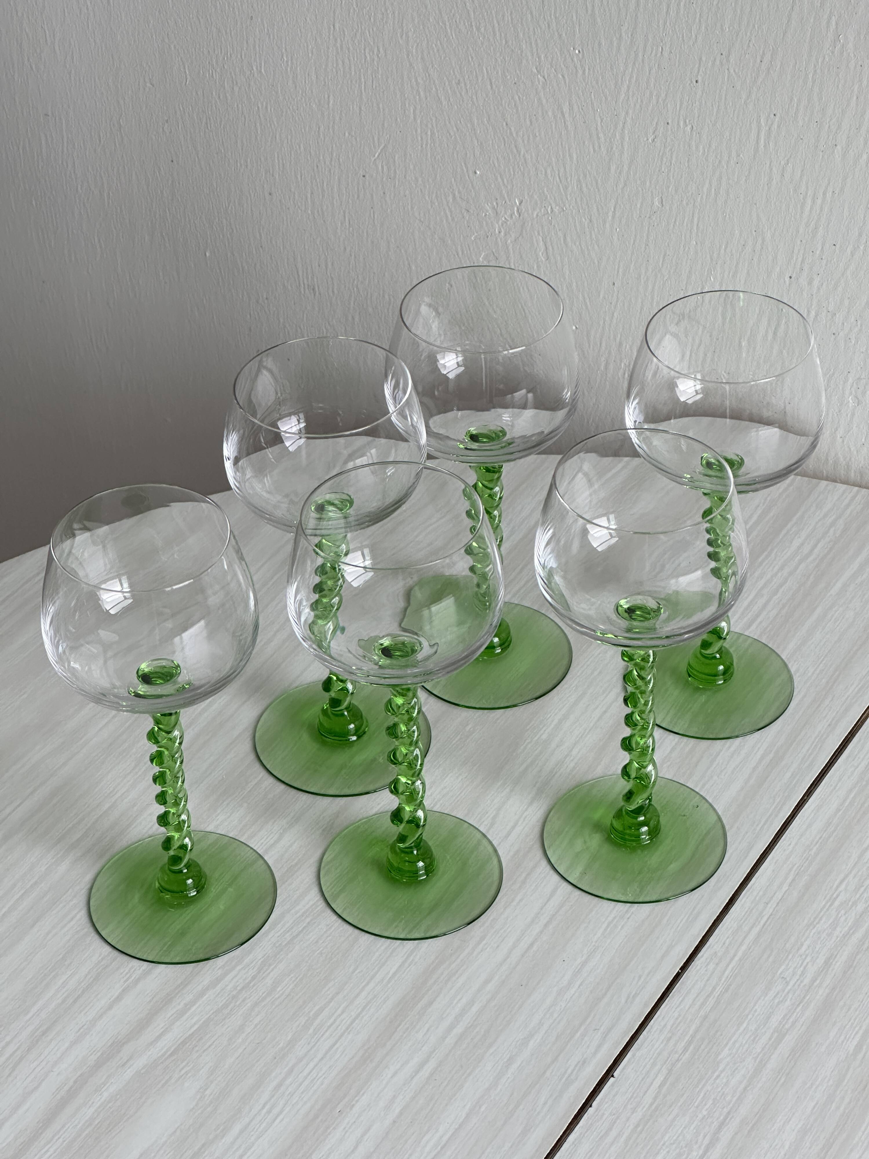 6 transparent green twisted stemmed glasses