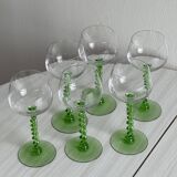 6 transparent green twisted stemmed glasses