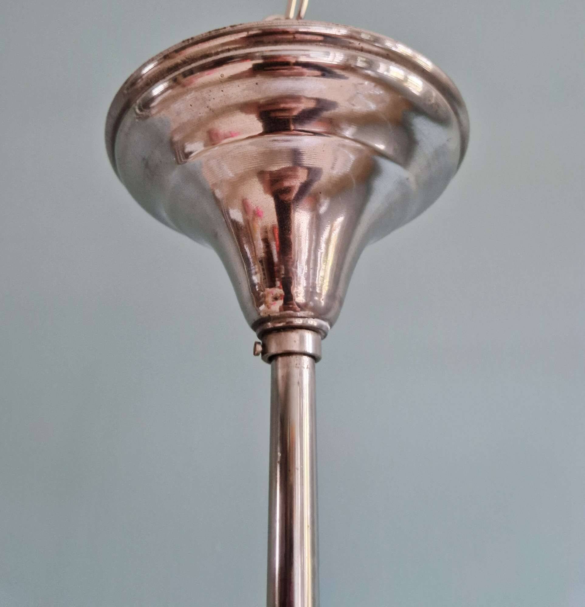 Art Deco pendant light in white opaline glass with chrome frame, 1920-30