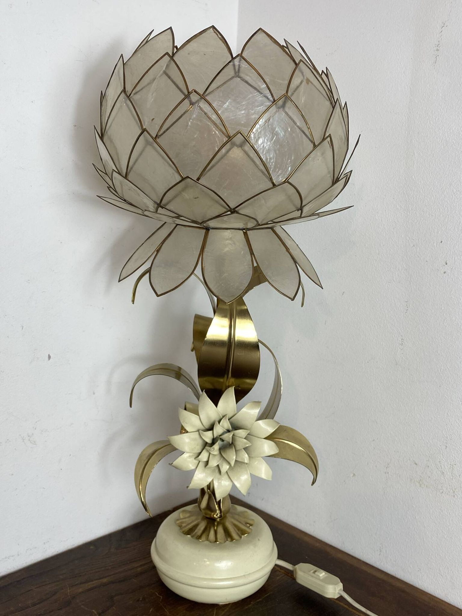 Brass lamp, metal and mother-of-pearl