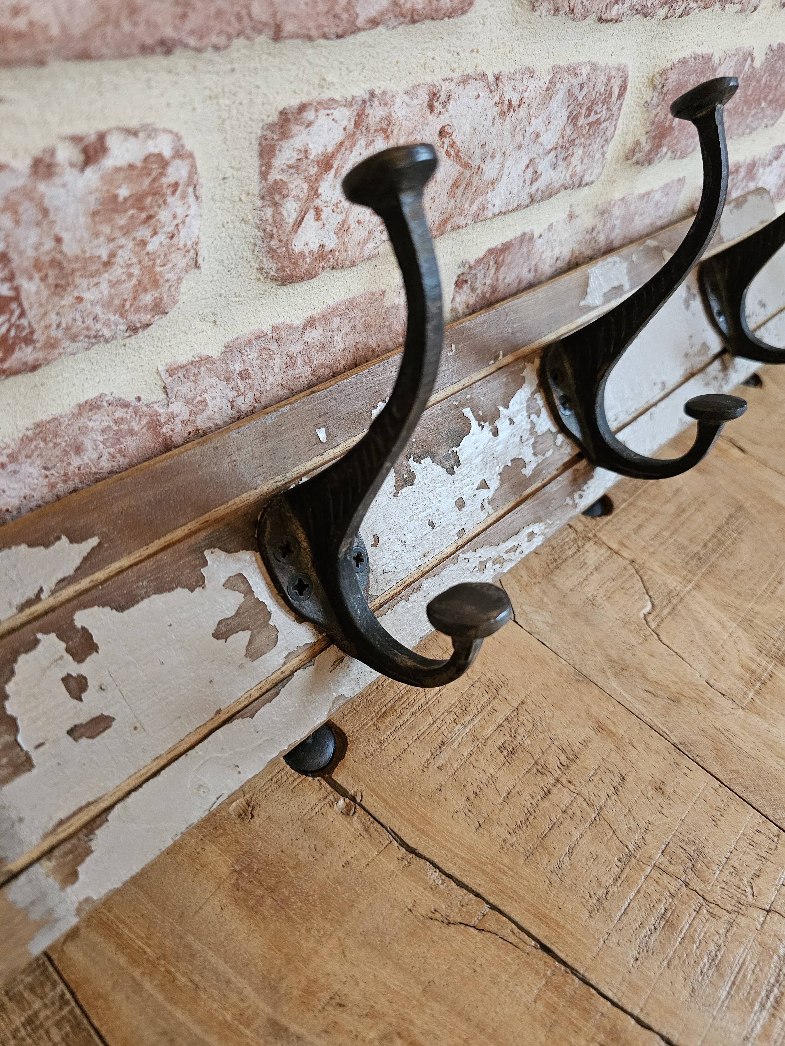 Solid teak coat hook with 4 double cast iron hooks