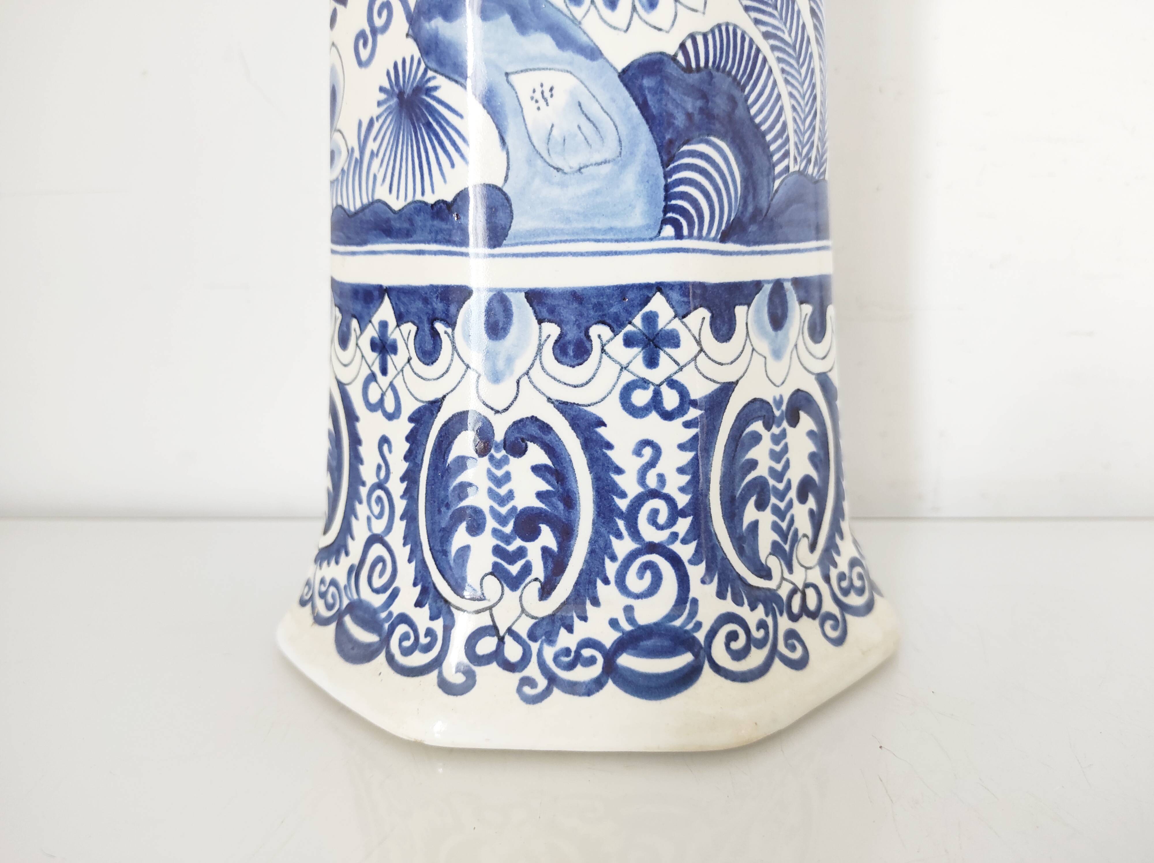 Octagonal vase blue birds BFK Boch Frères Kéramis 42 cm