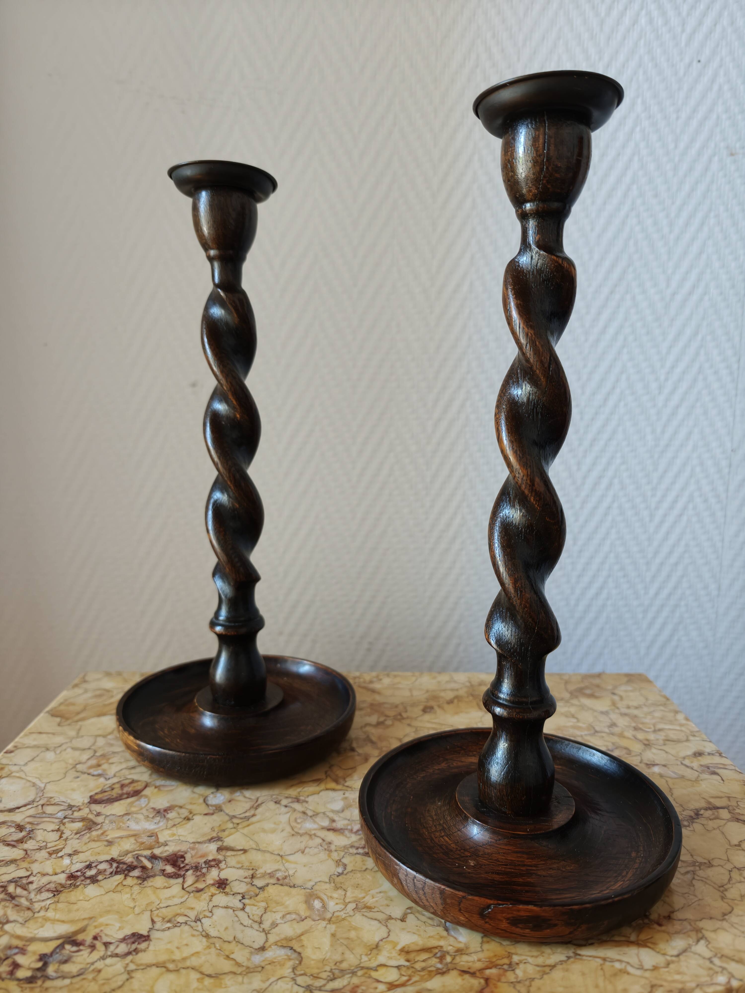 Pair of Barley Twist candlesticks in oak – English style, circa 1950
