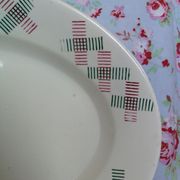 Oval dish old art deco red and green geometric shapes
