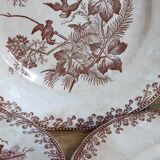 Sept assiettes à dessert terre de fer aux oiseaux f.f.Pexonne fin XIX ème