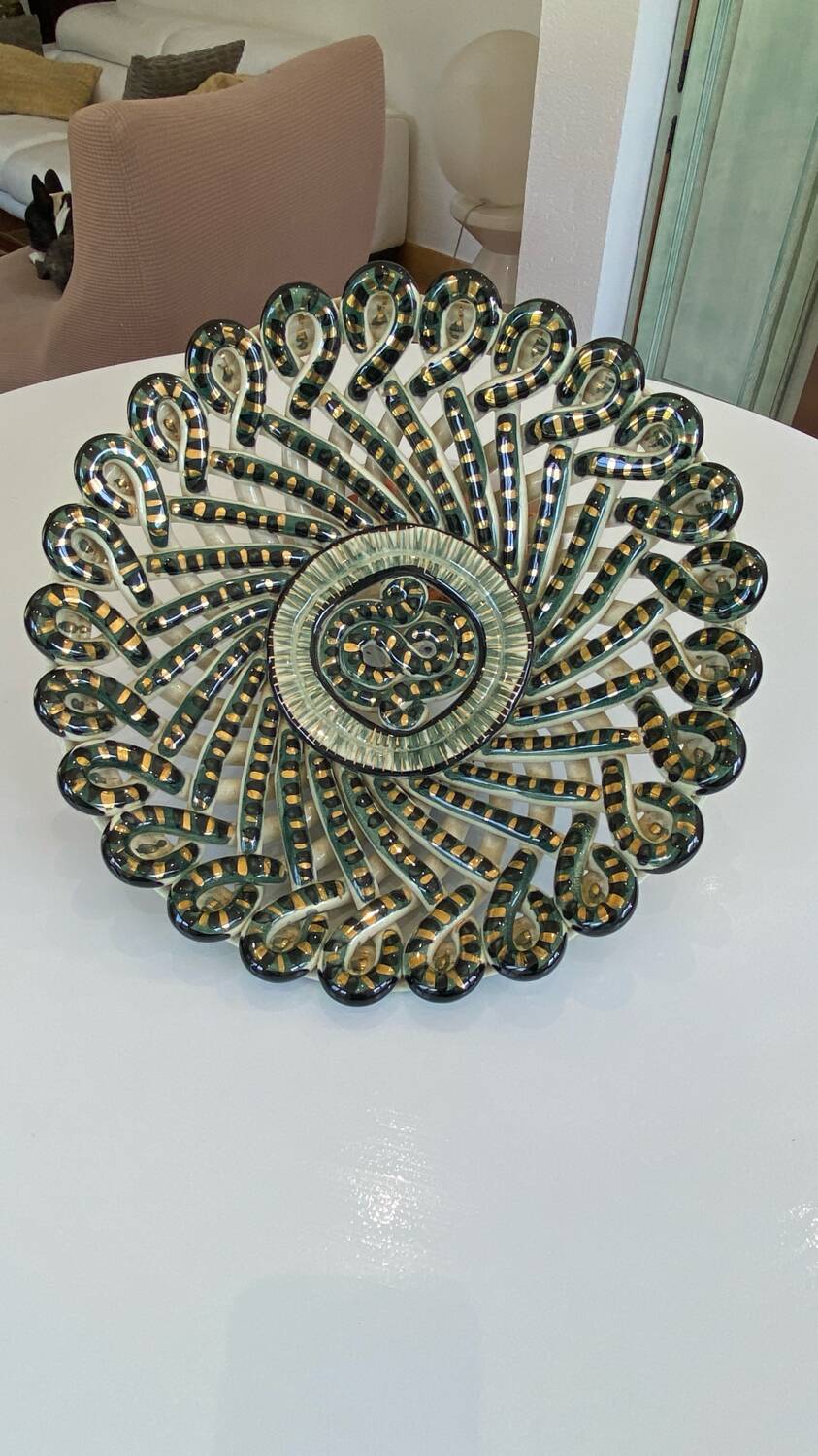 Large woven and twisted ceramic basket, Fase, Vallauris