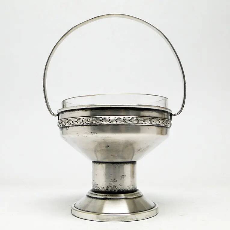 Art Deco sugar bowl, silver-plated brass, crystal, Poland, 1930s