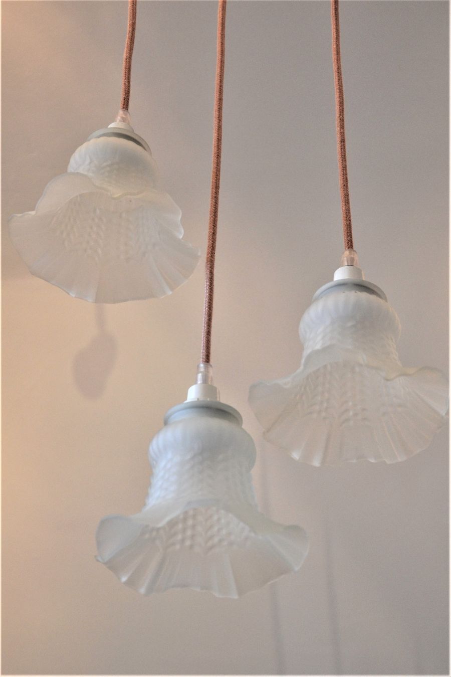 Vintage chandelier 3 pendants with glass tulip lampshades and pink cord