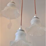 Vintage chandelier 3 pendants with glass tulip lampshades and pink cord
