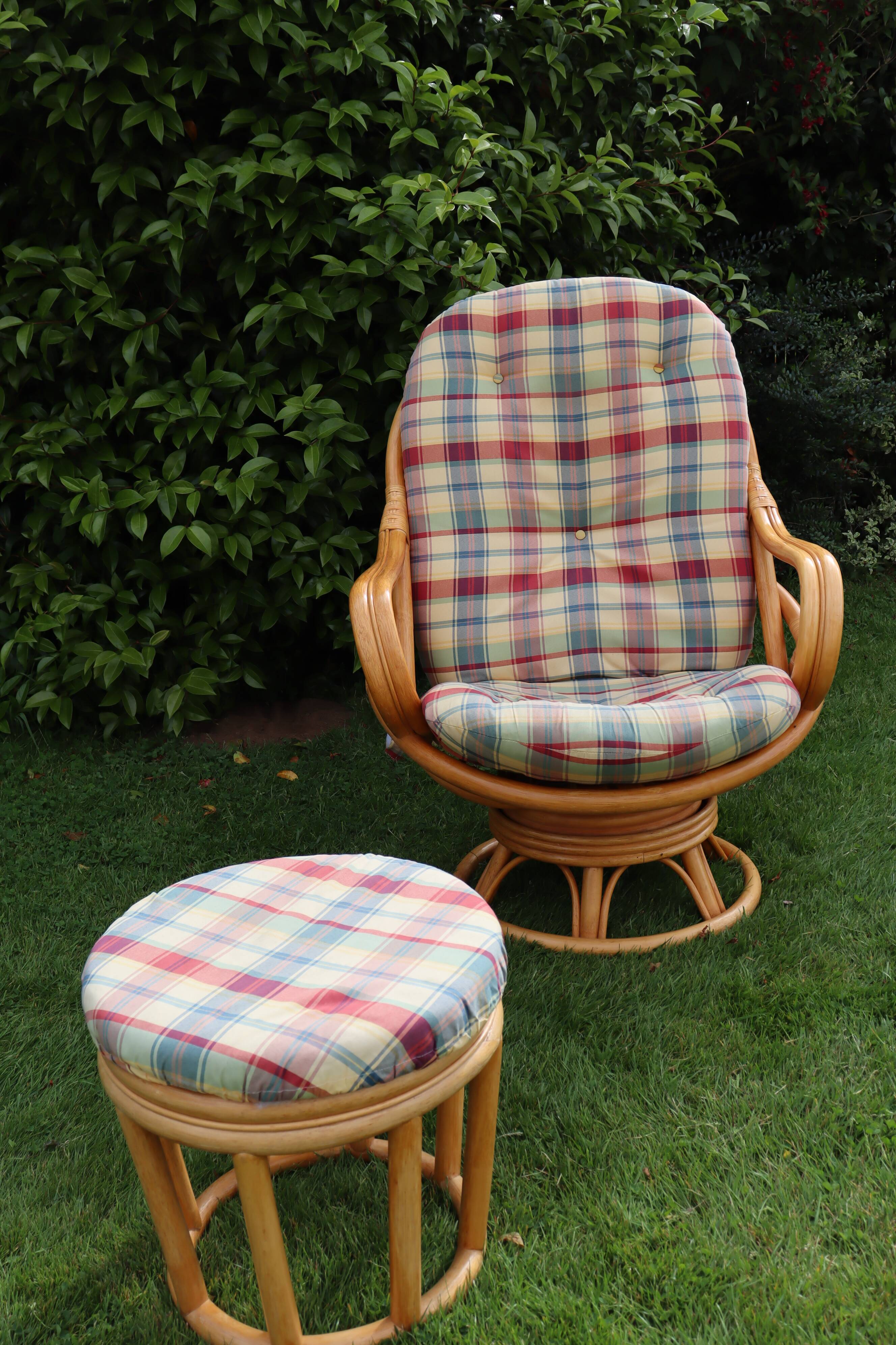 Swivel rattan armchair with matching ottoman