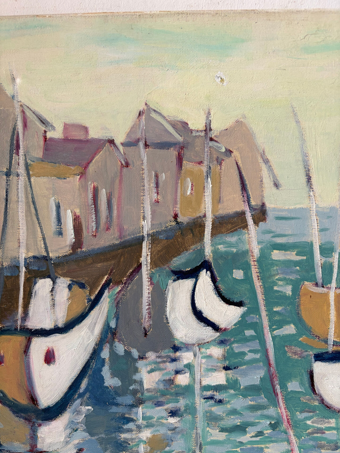 Houses by the port in the mist, oil on canvas signed 1989