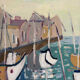 Houses by the port in the mist, oil on canvas signed 1989