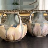 Pair of onion neck vases in flamed stoneware signed Denbac