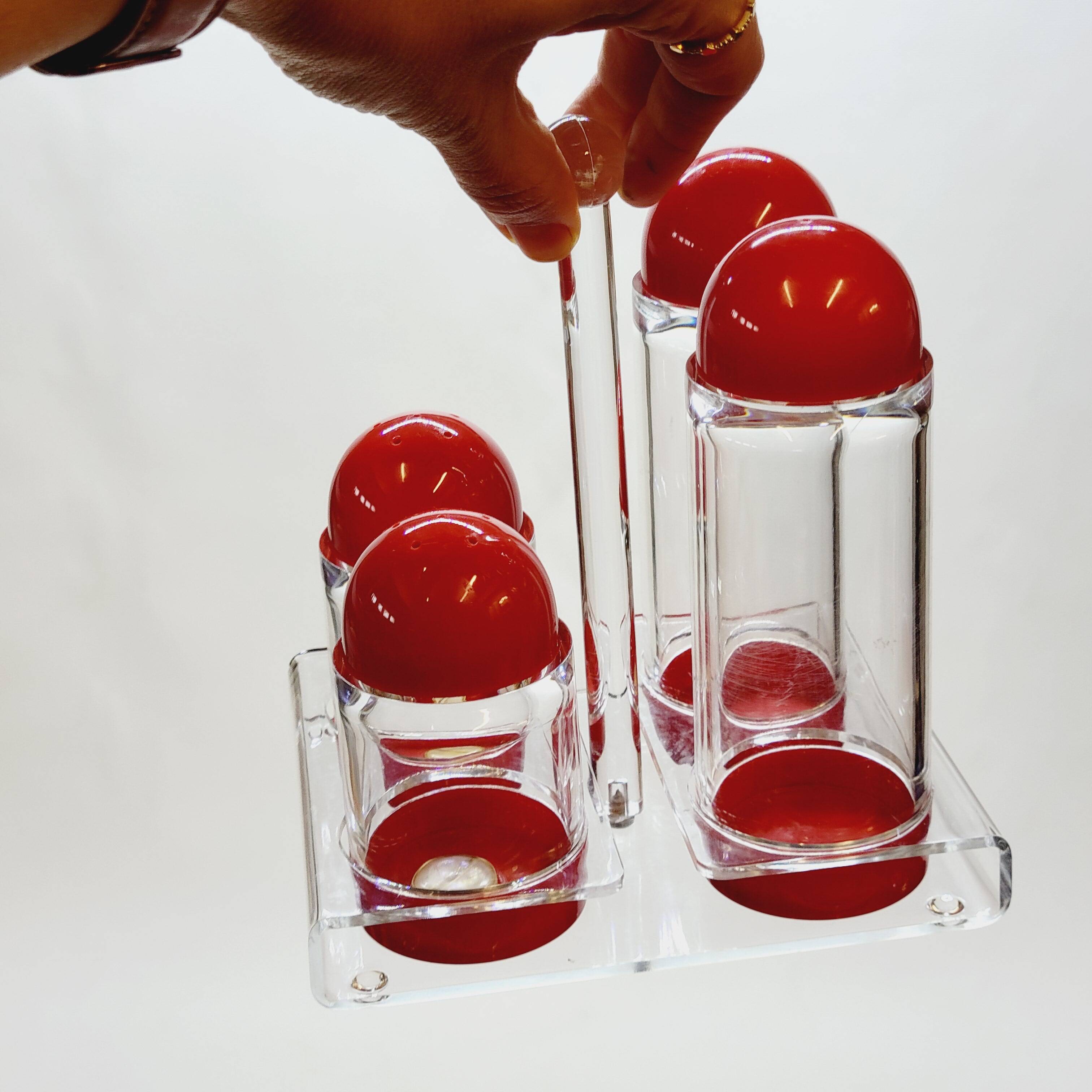 Condiment service oil vinegar salt pepper vintage plexi and red plastic