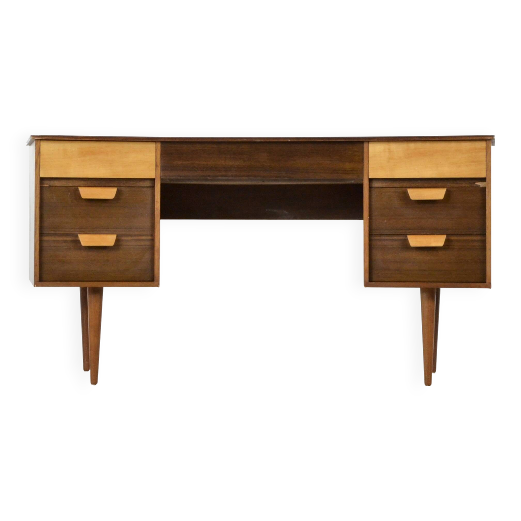 Midcentury Uniflex Walnut And Beech Concave Desk Designed By Gunther