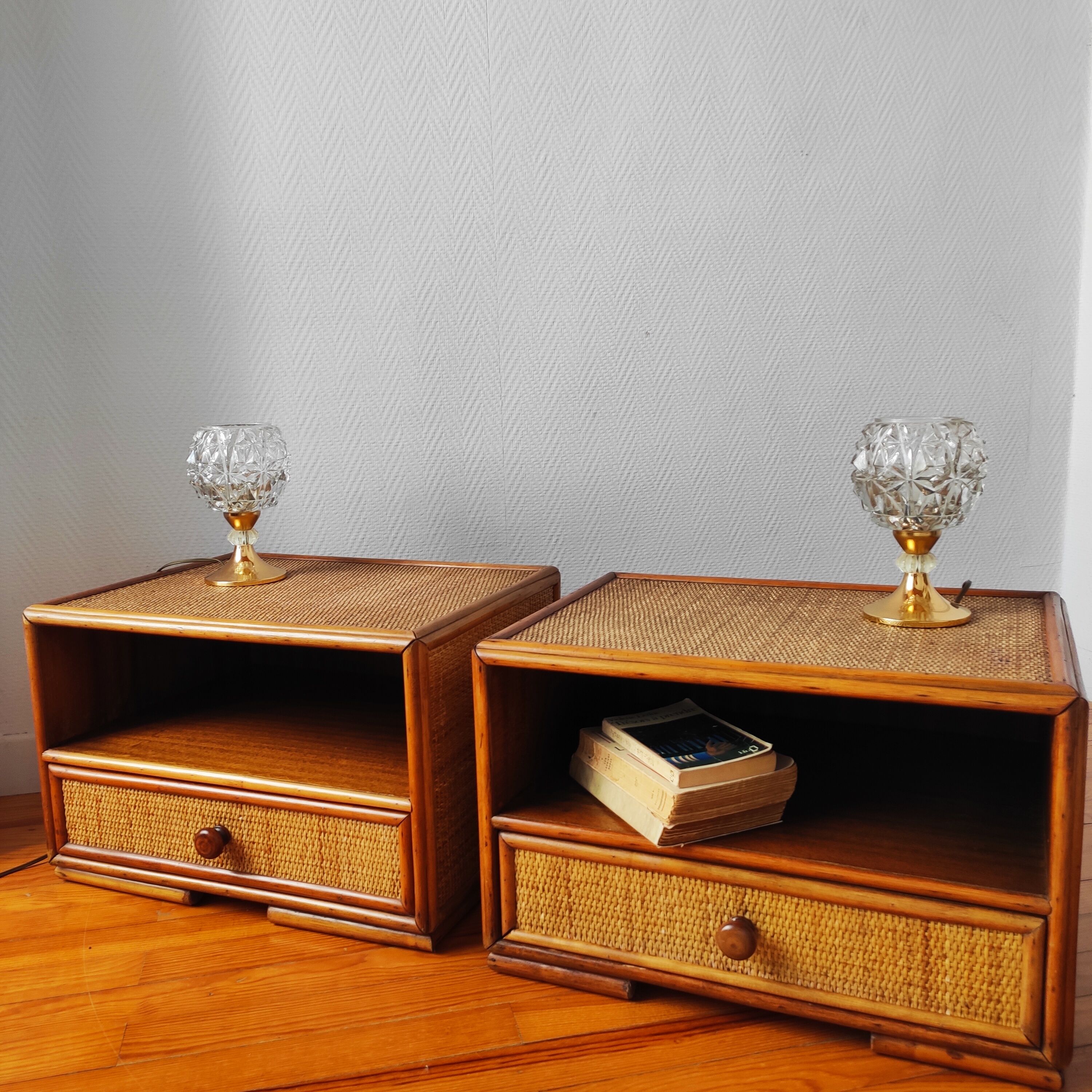 Pair of rattan bedside tables
