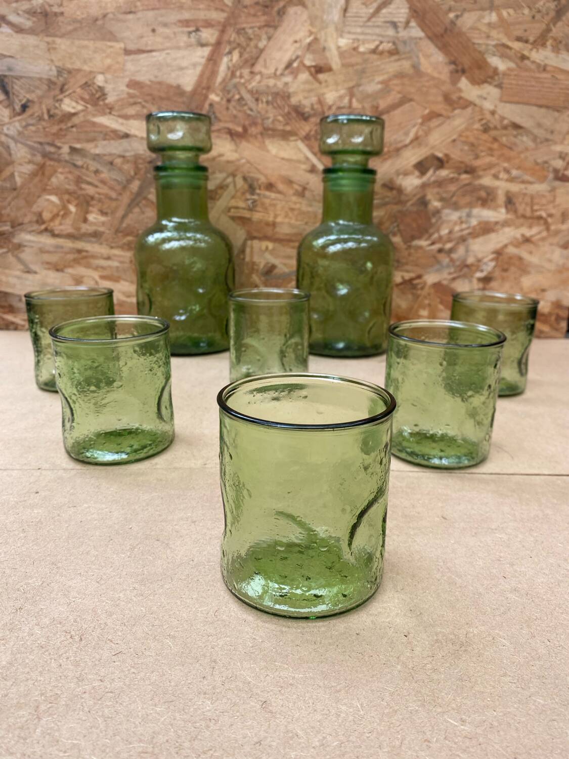 Old Orangeade Carafe Service + 6 Green Molded Glass Glasses 1970 Vintage