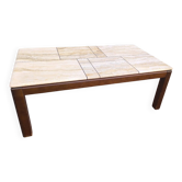 Table basse en bois et travertin 1970 1980
