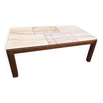 Coffee table in wood and travertine, 1970-1980