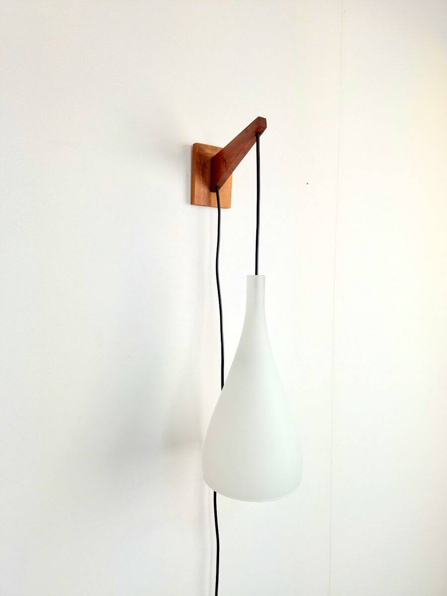 Vintage Tear Drop Wall Lamp in Teak and White Glass, Denmark, 1960s