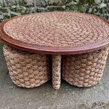 Table basse et 3 tabourets en corde 1970