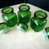 3 pots, flacons en verre vert, années 70