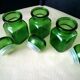 3 pots, flacons en verre vert, années 70