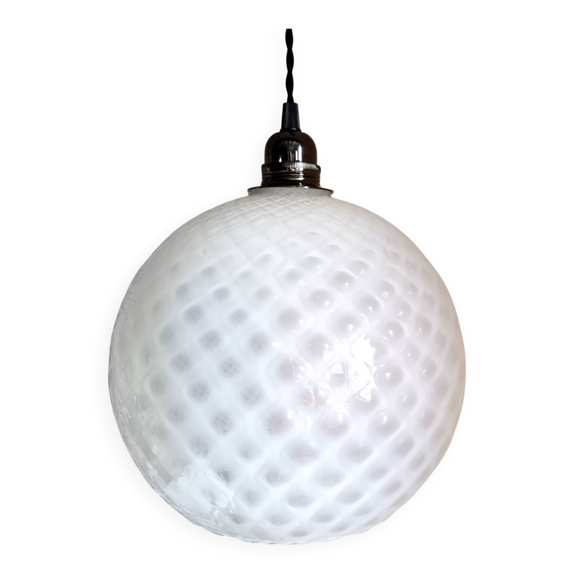 Vintage opaline glass ball pendant light with geometric patterns