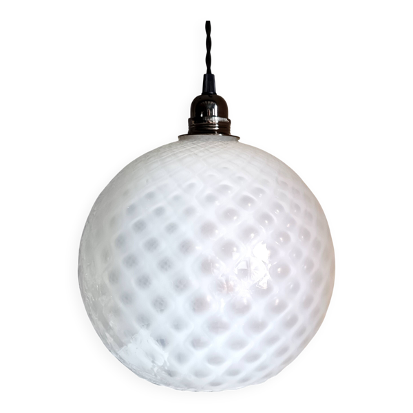 Suspension boule en verre opalin vintage, motifs géométriques