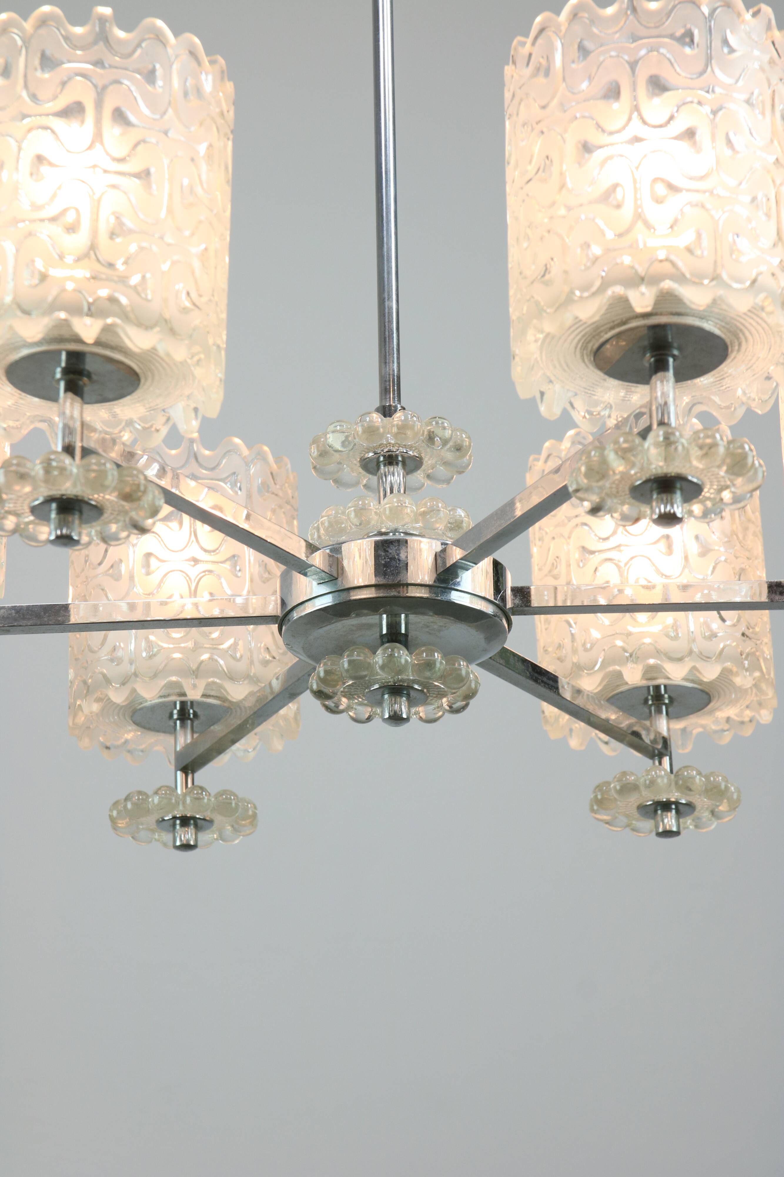 Vintage Austrian Glass Chandelier: Mid-Century Modern Embossed Pendant Lamp