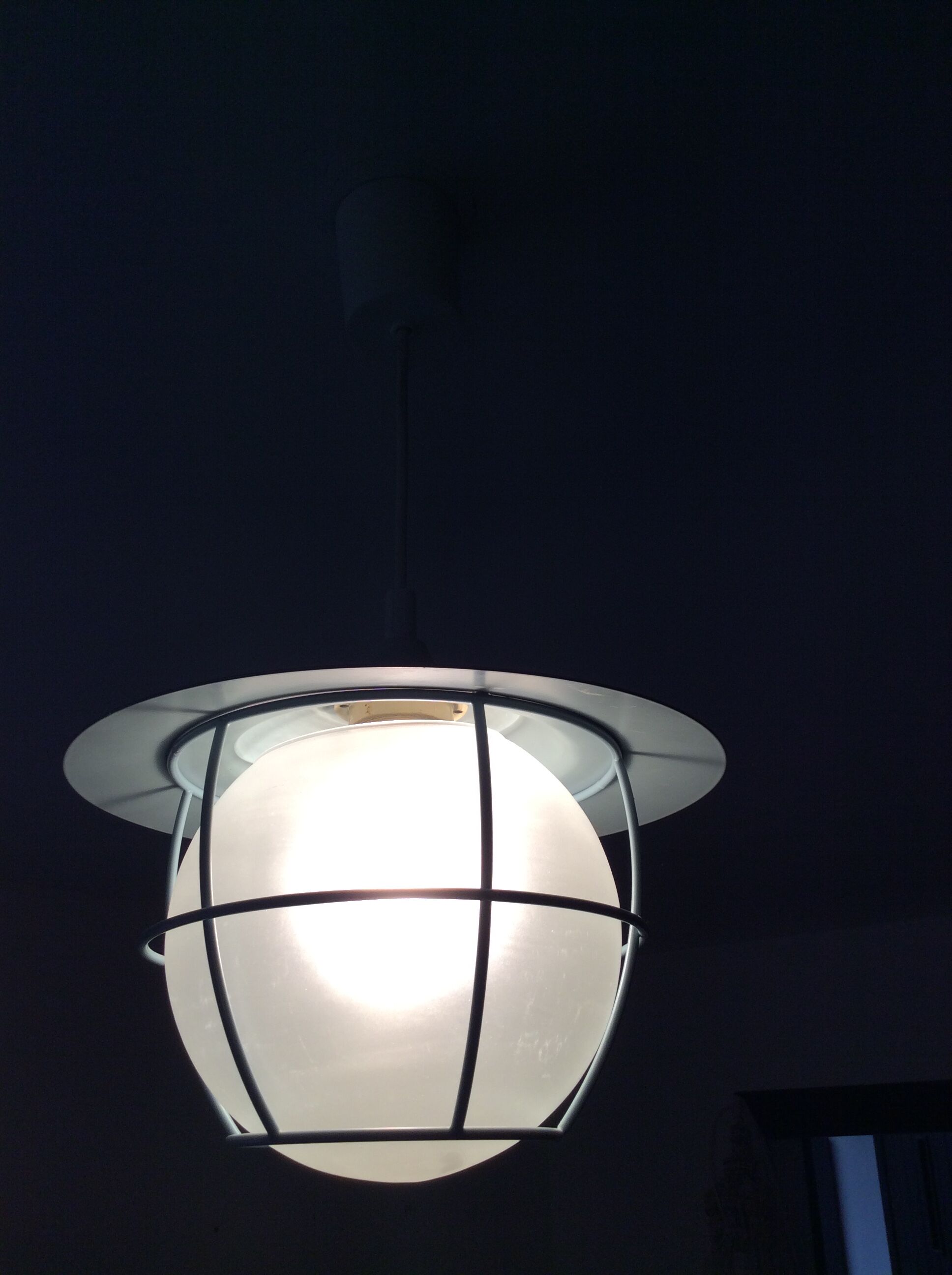 Suspension of the 70s cage in blue metal and frosted glass