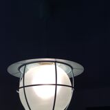 Suspension of the 70s cage in blue metal and frosted glass