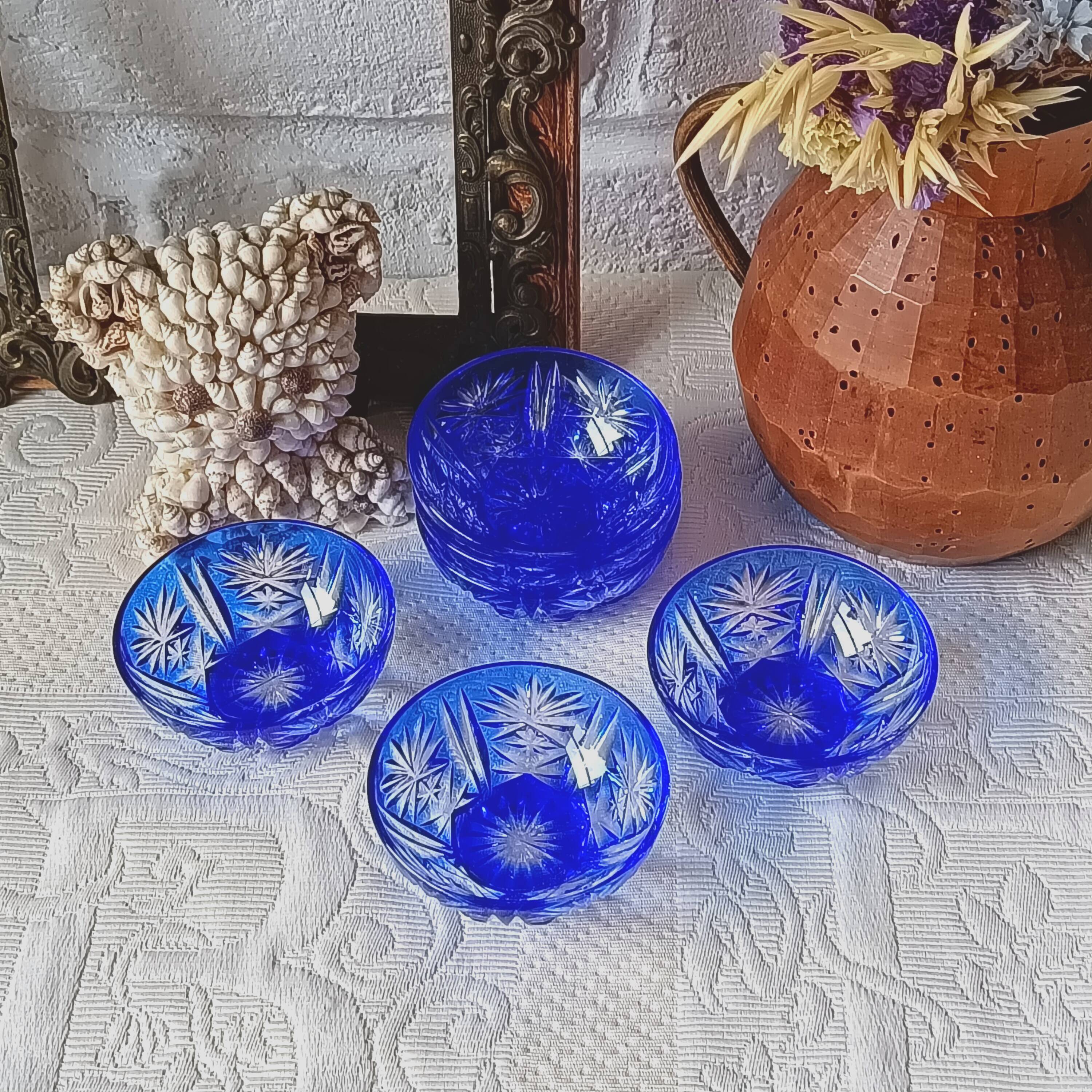 6 small cut glass bowls, vintage cobalt blue salt shaker