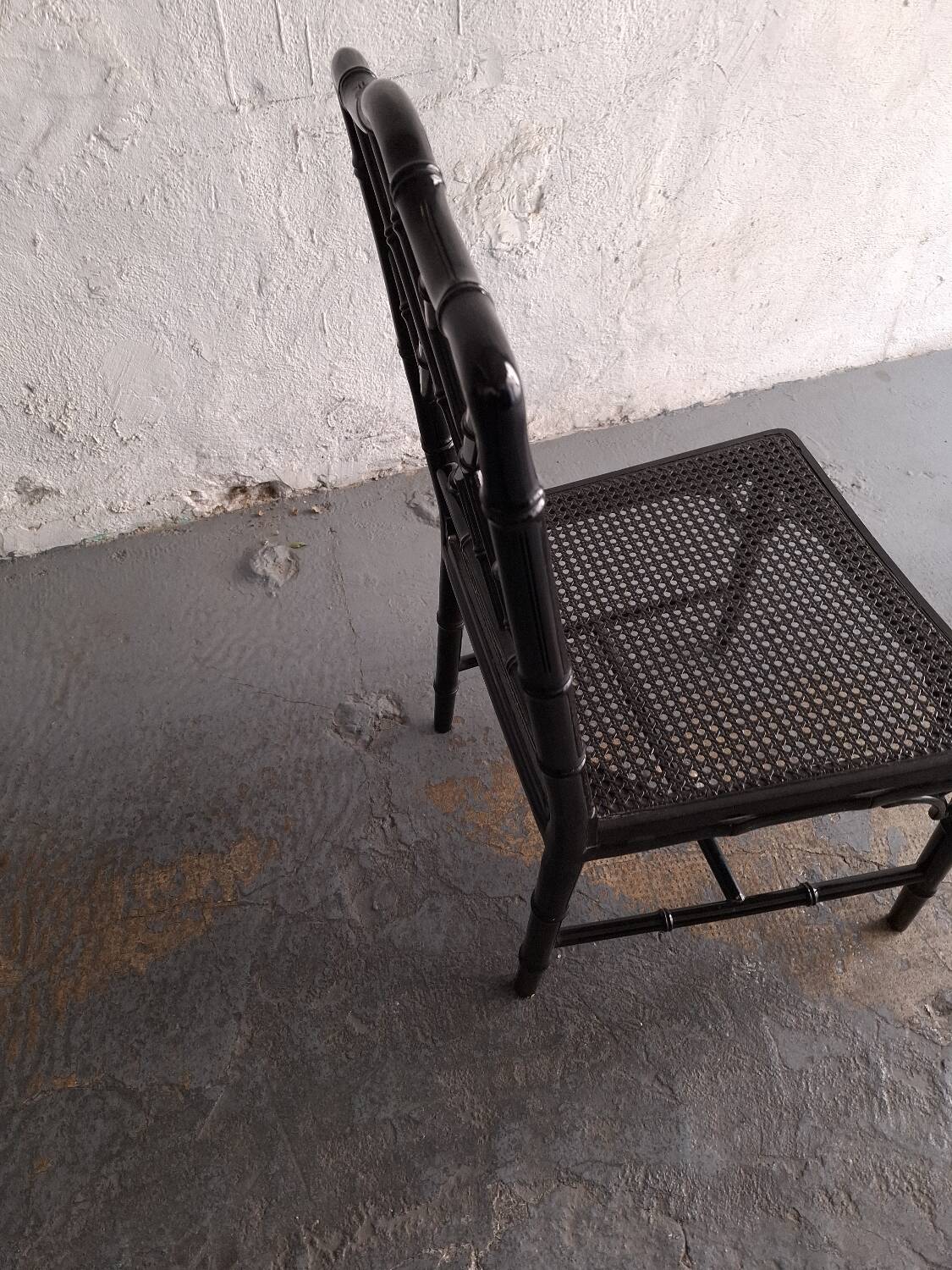 Black lacquered chair, faux bamboo, Chippendale, Jonathan Adler