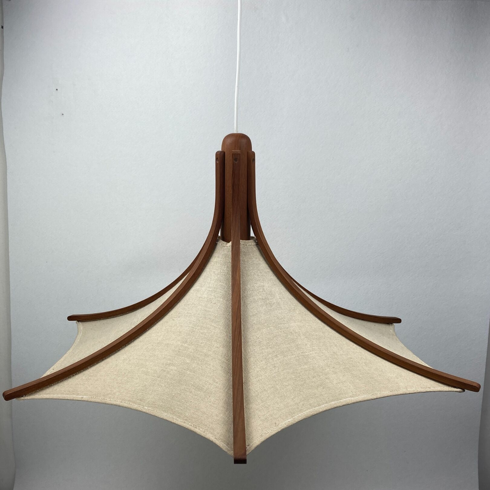 Teak and linen umbrella pendant by Domus, 1970s