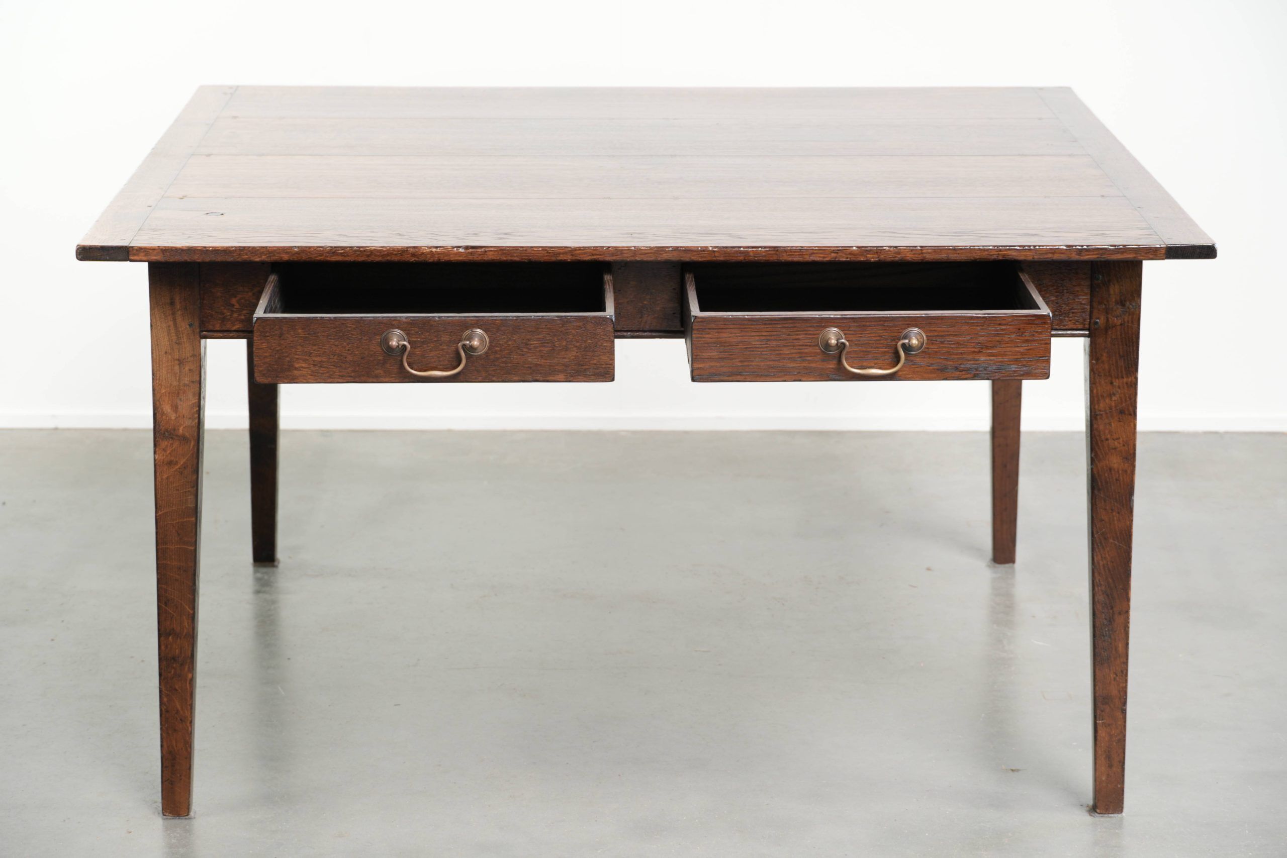 Old square oak dining table from the mid-20th century with 2 drawers
