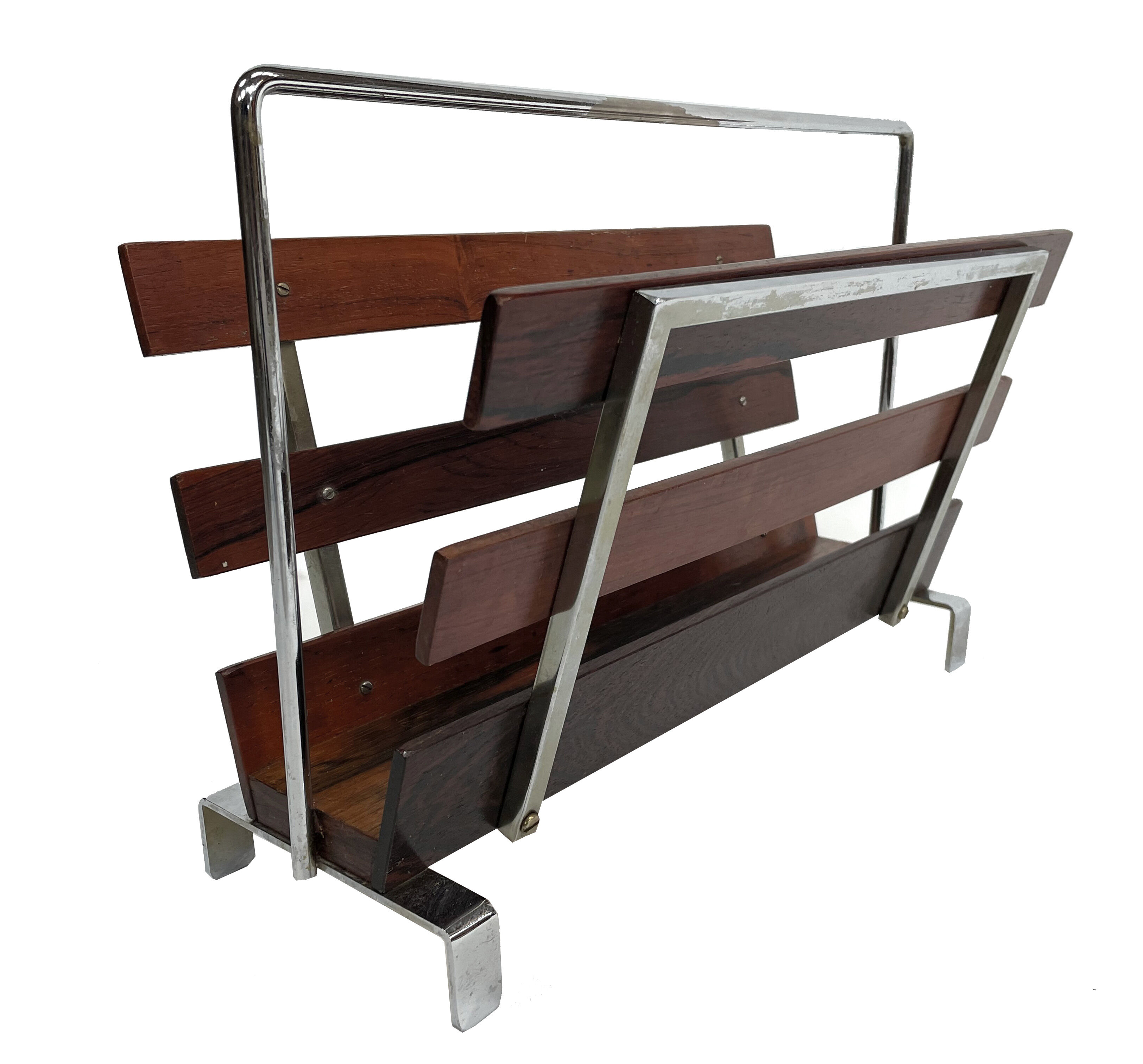 Vintage magazine rack from  rosewood and chrome design