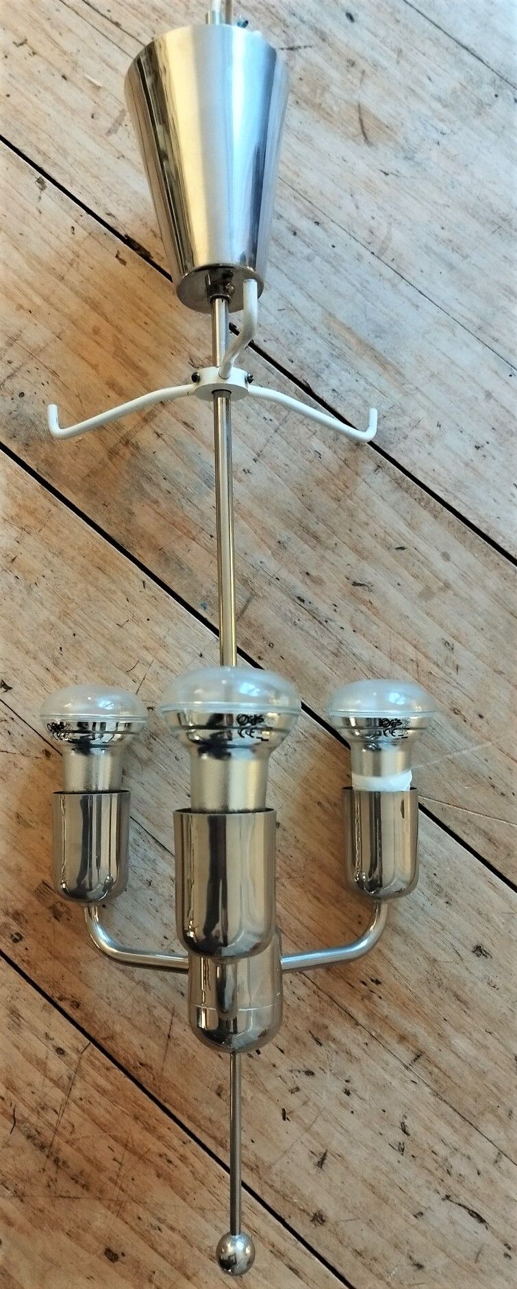 Hans Agne Jakobsson pendant lamp in chromed metal and silk lampshade, 60s