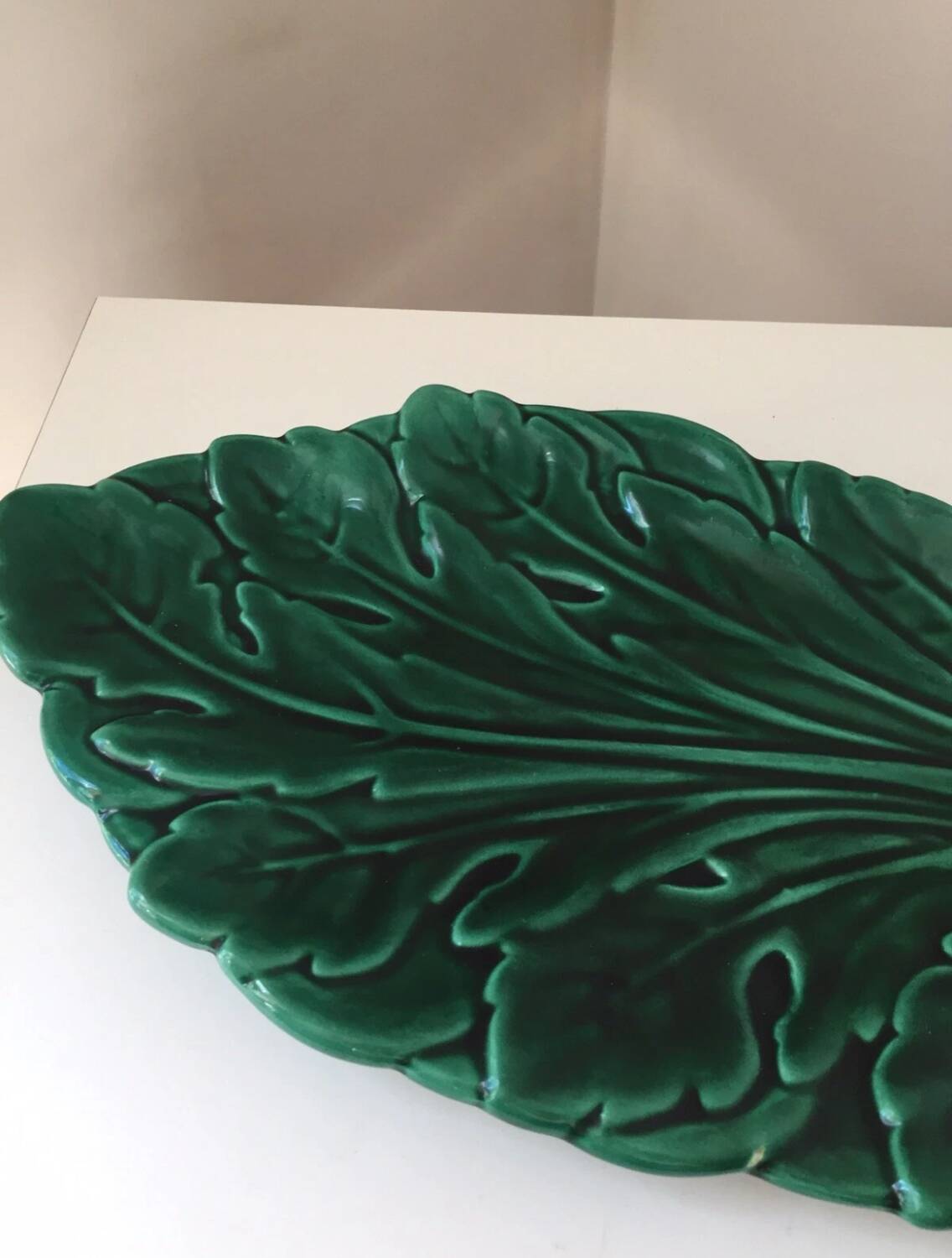 Large Vintage Green Leaf Earthenware Tray