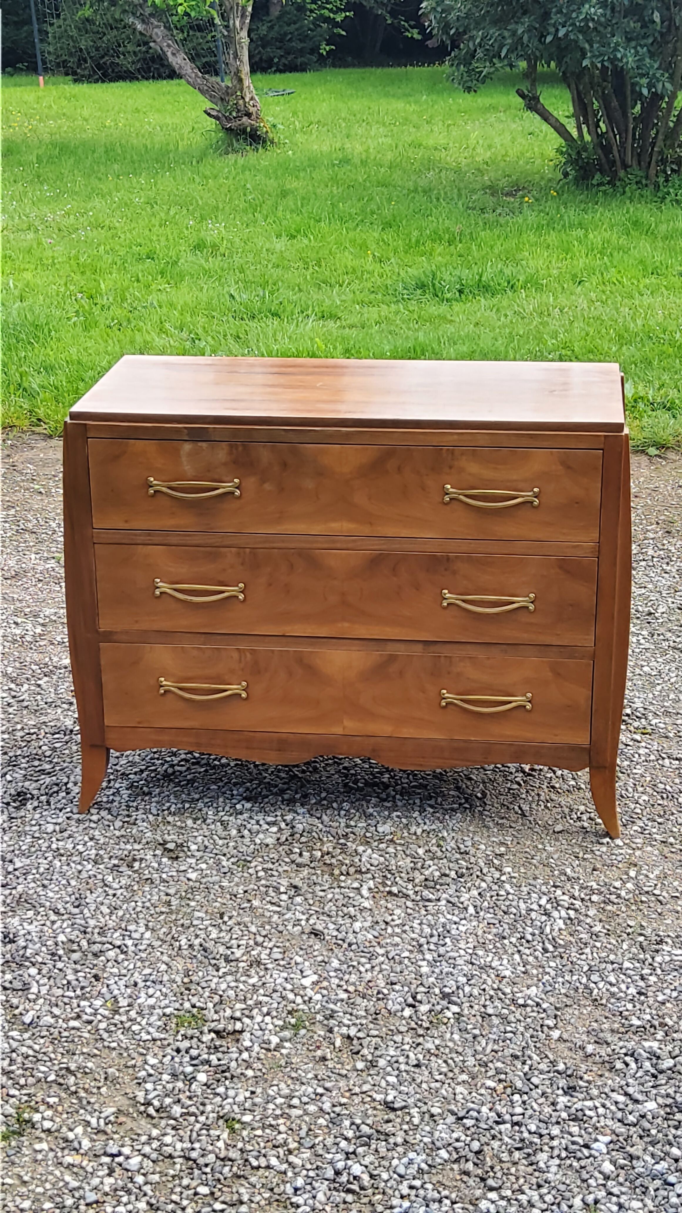 Chest of drawers from the 40s/50s in golden blond walnut 3 drawers feet compass
